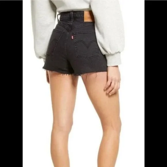 Levi 32 Ribcage shorts high waist cutoff black denim jean - Picture 7 of 9